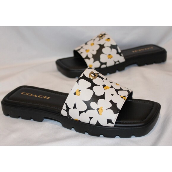 $125 COACH Womens Florence‎ Printed C Lug-Sole Slip-On Slide Flat Sandals Black - Picture 5 of 7
